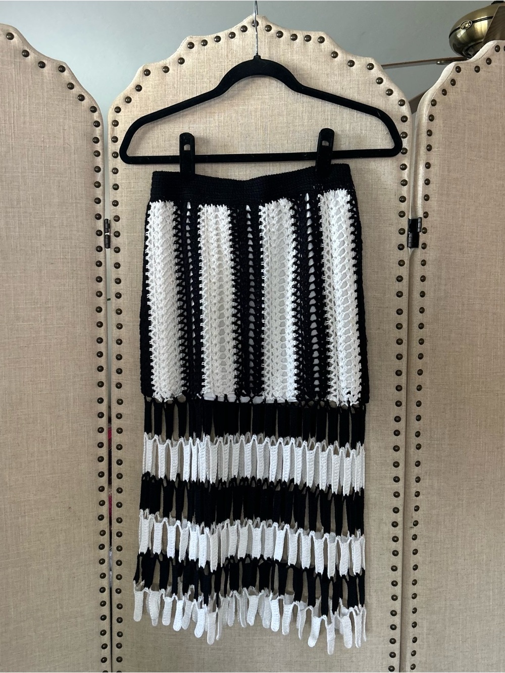Black White Crochet Stripe Midi Skirt Lined Boho Festival Knit